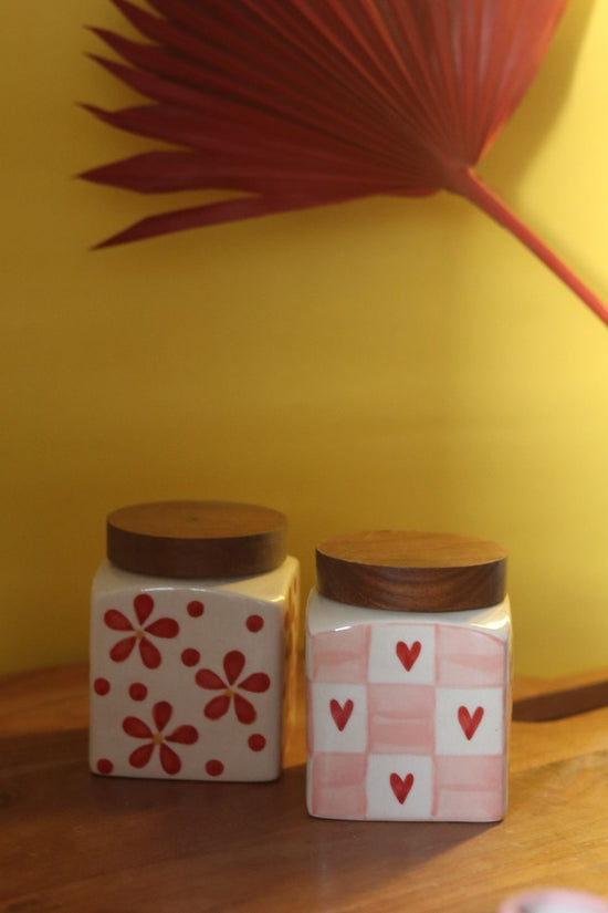 Set of 2 - Red Chequered Heart & Floral Jar made by ceramic