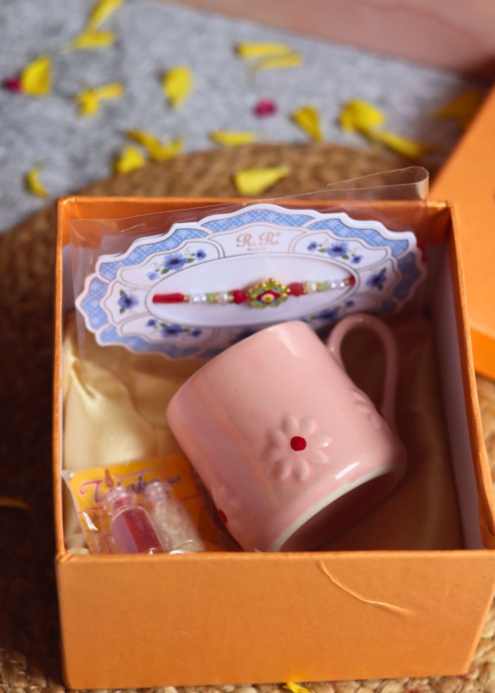 pink lily mug rakhi with premium gift hamper