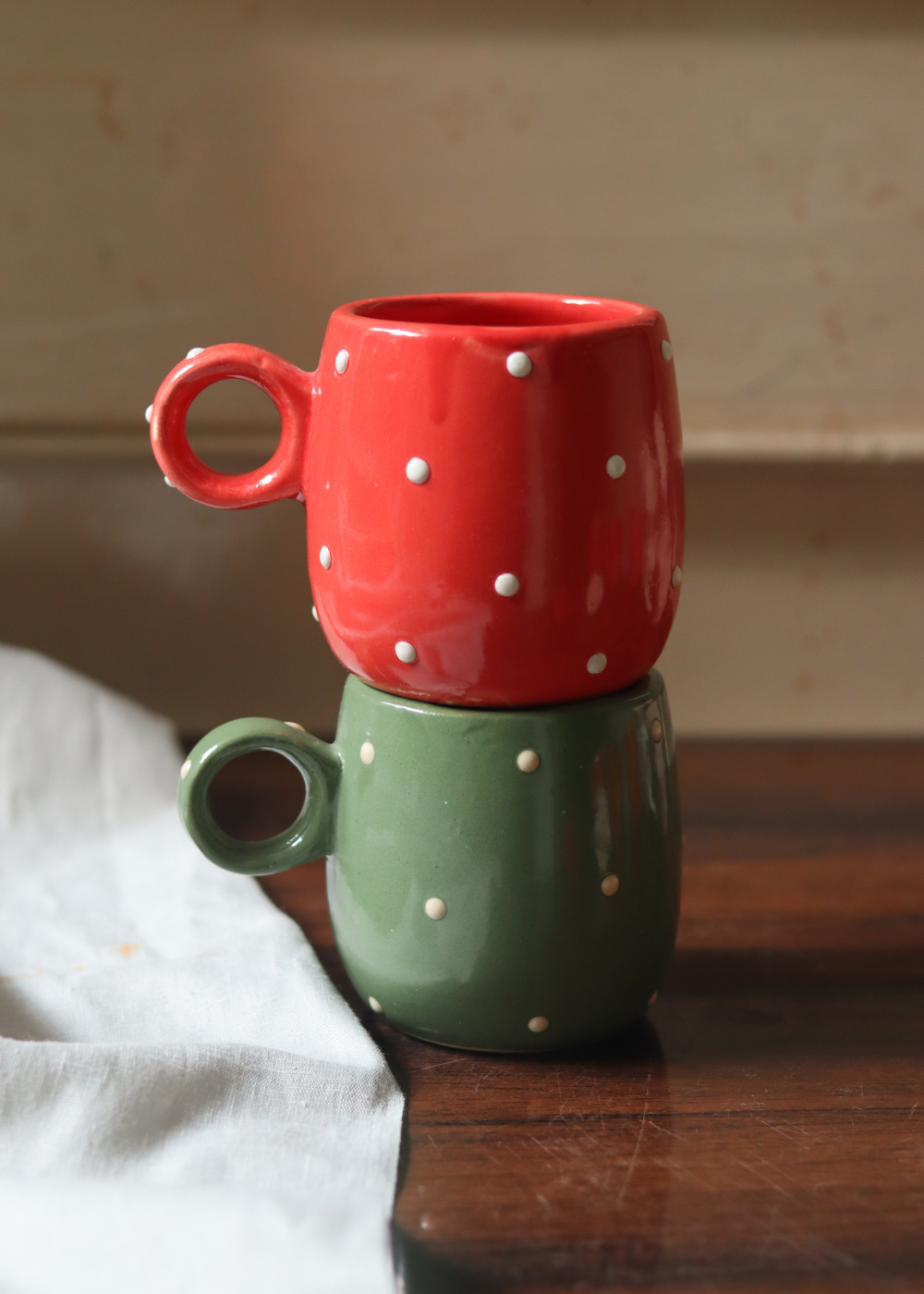 red & green polka cuddle mug made by ceramic 