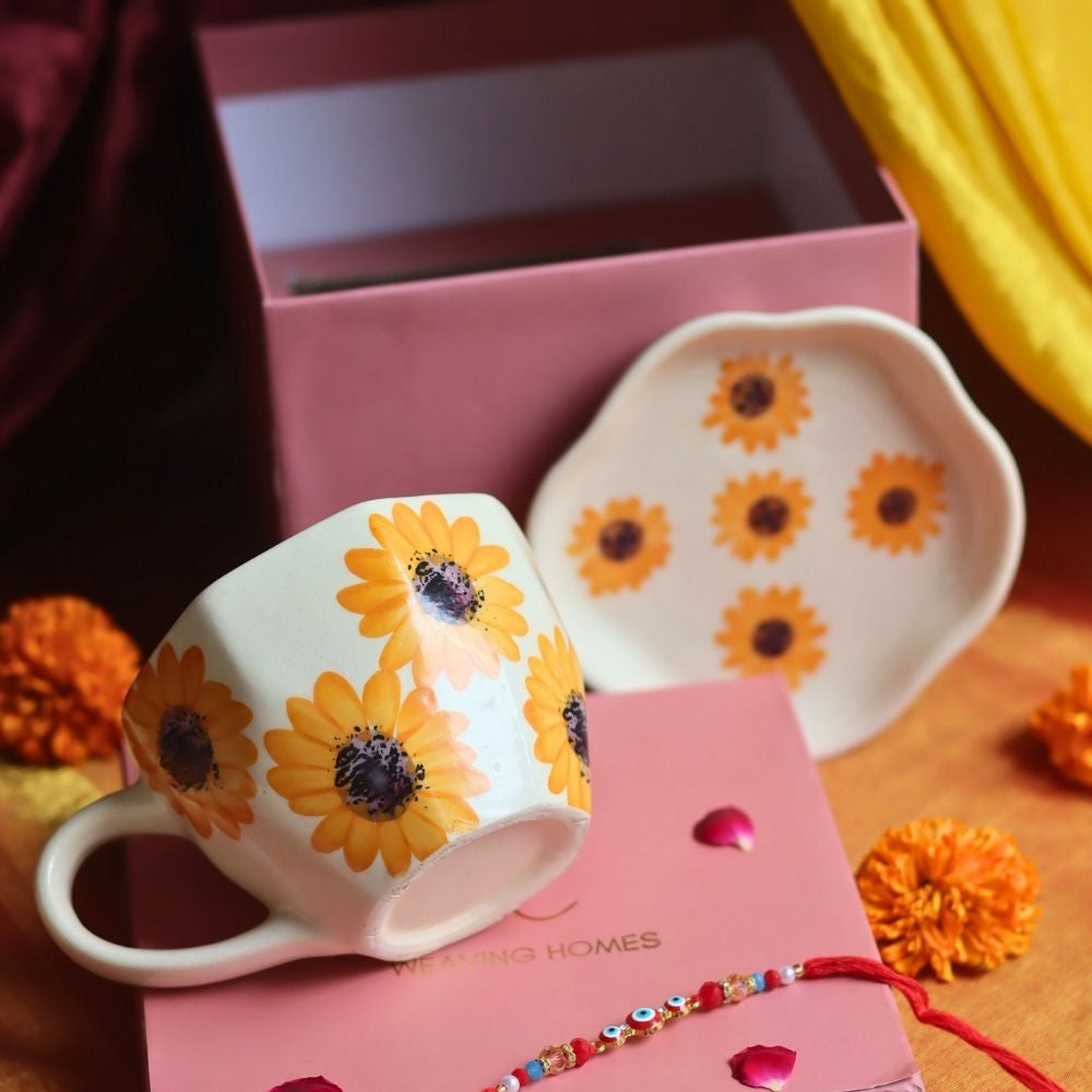 handmade Surajmukhi Mug & Dessert Plate Rakhi Gift Box