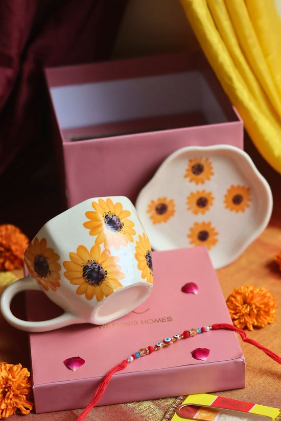 handmade Surajmukhi Mug & Dessert Plate Rakhi Gift Box