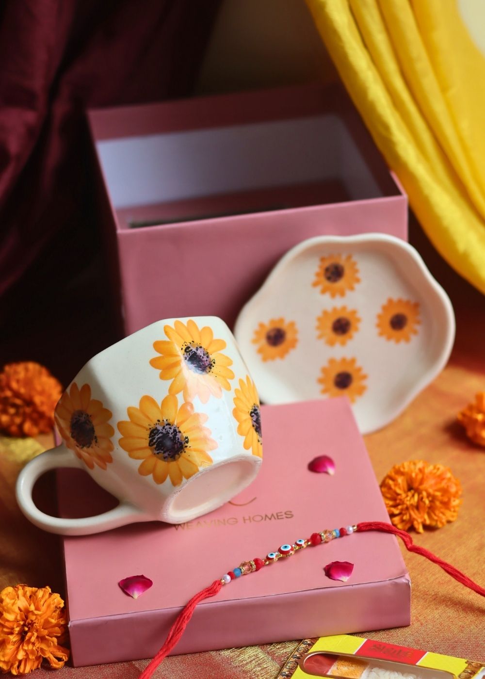 handmade Surajmukhi Mug & Dessert Plate Rakhi Gift Box
