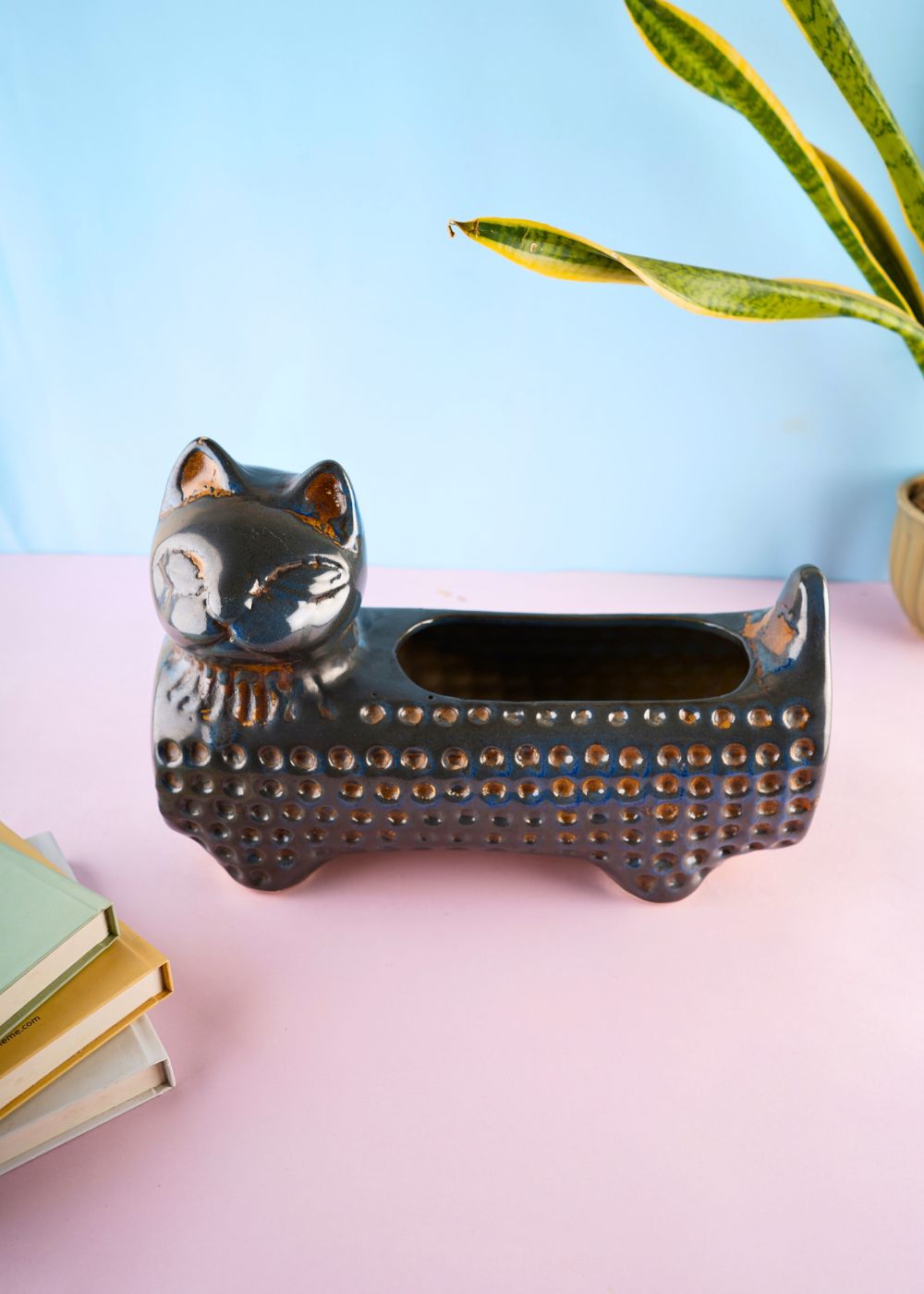 metallic blue cat planter handmade in india