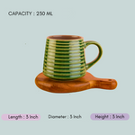 handmade metallic green striped mug with meaurement