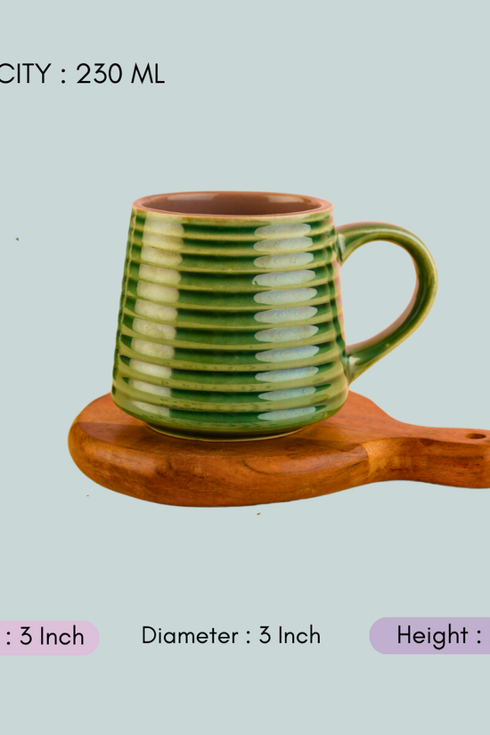 handmade metallic green striped mug with meaurement