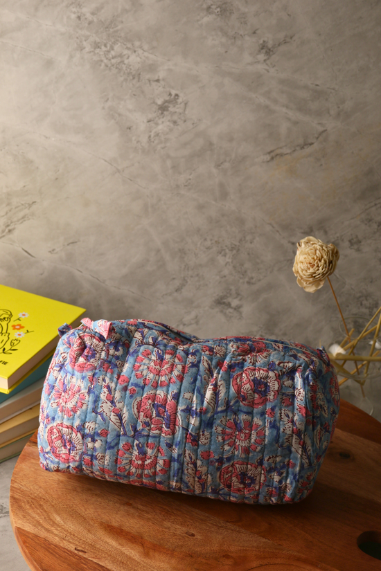 Block printed blue floral toiletry bag small size