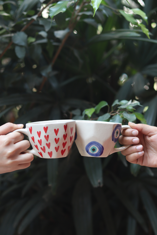 handmade heart mug & evil eye mug