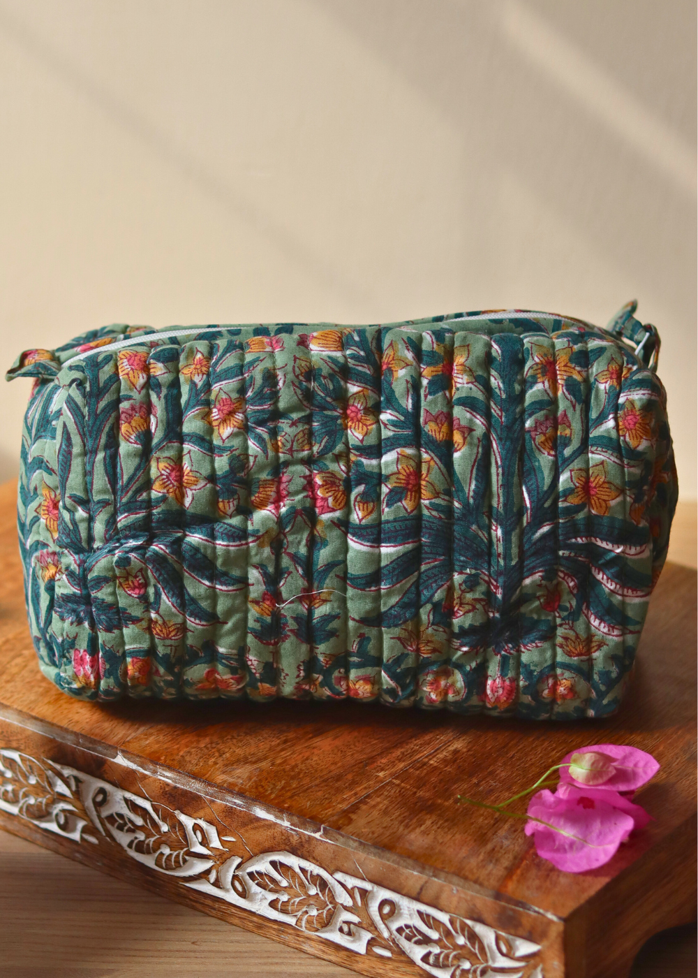 Block Printed Light Green Floral Toiletry Bag