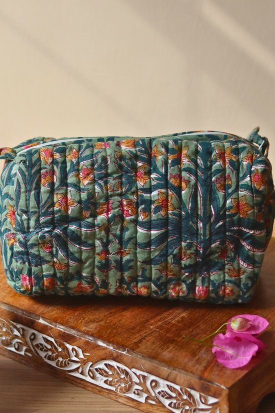 Block Printed Light Green Floral Toiletry Bag