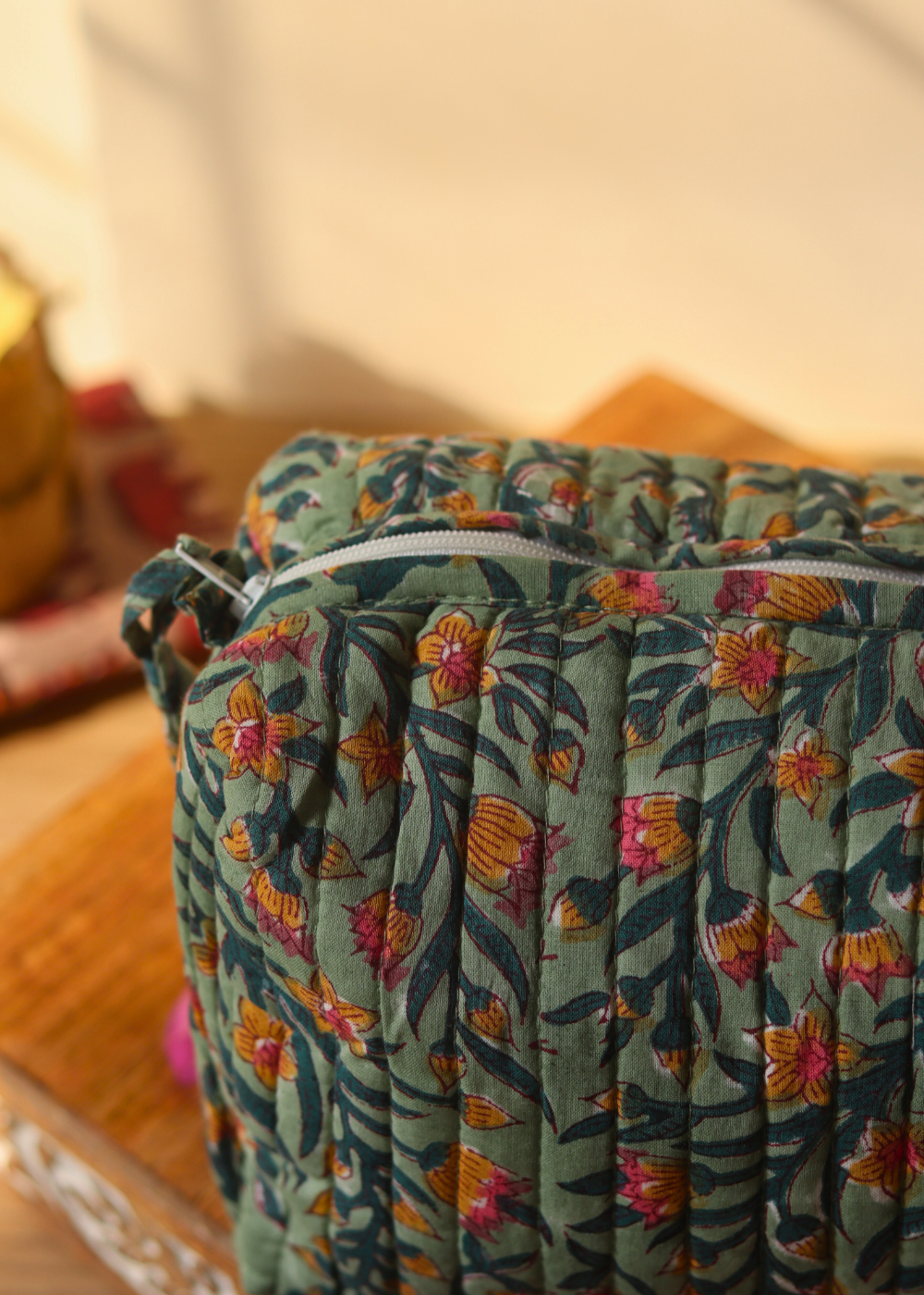 Closeup shot of green toiletry bag