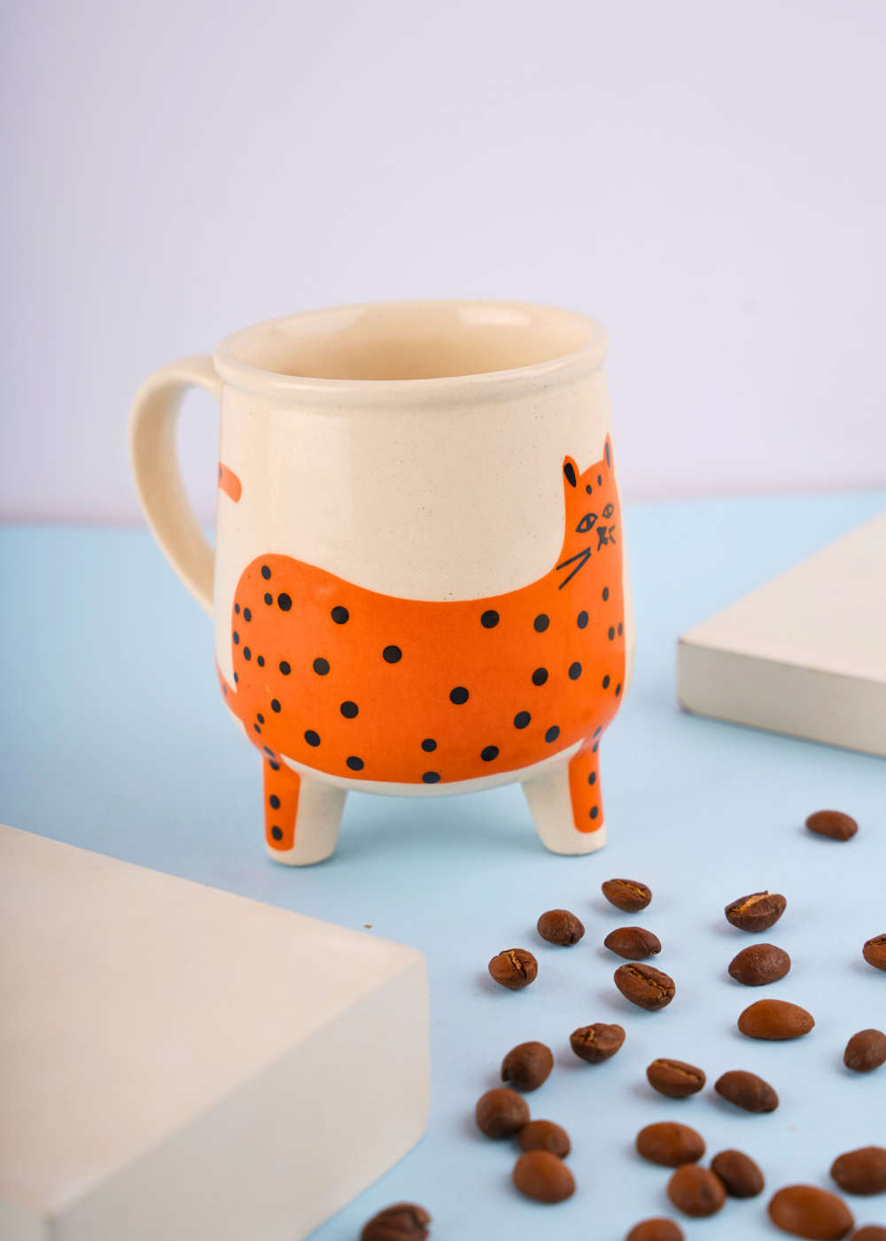 handmade cat print mug with white & orange color