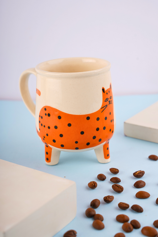 handmade cat print mug with white & orange color