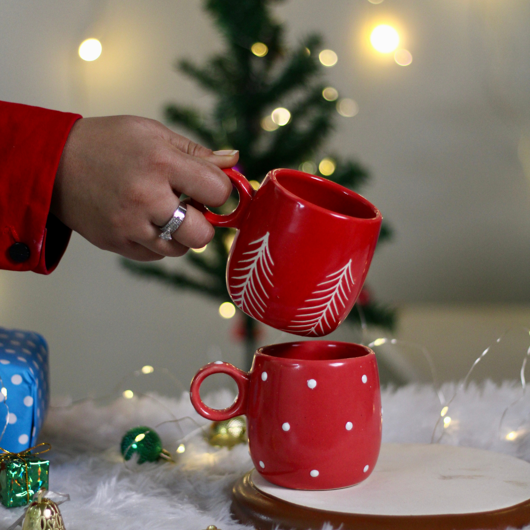 handmade red polka & christmas tree mug made by ceramic 