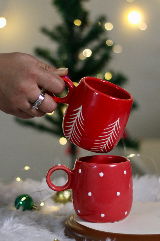 handmade red polka & christmas tree mug made by ceramic 