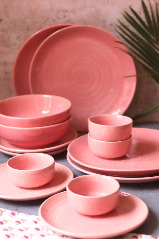 Set of 14 -  Rosy Pink Dinner Set handmade in india
