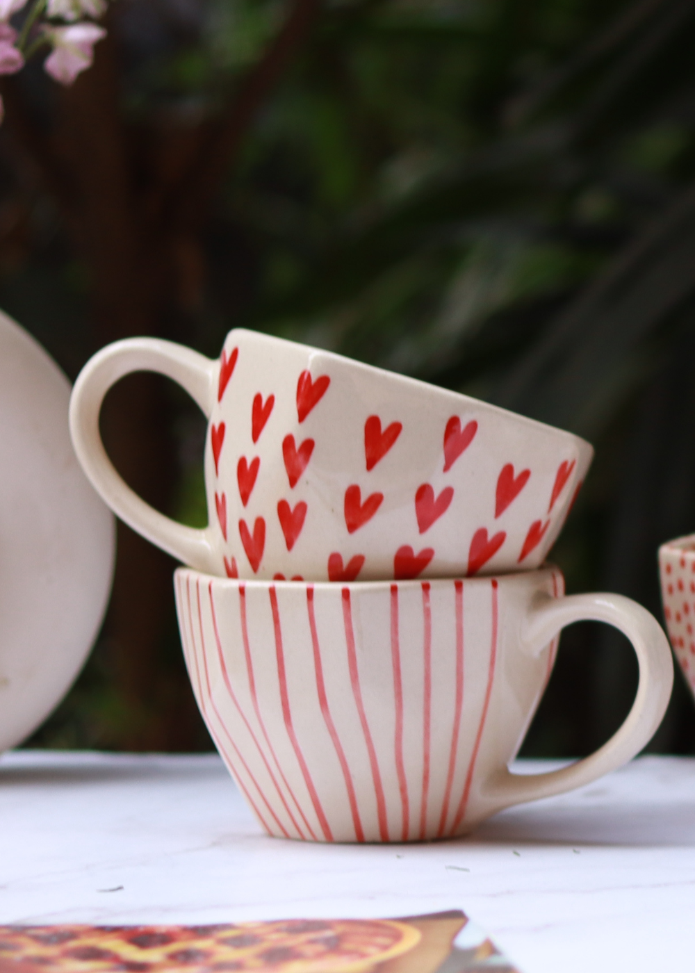 Handmade ceramic red lined & heart coffee mugs 