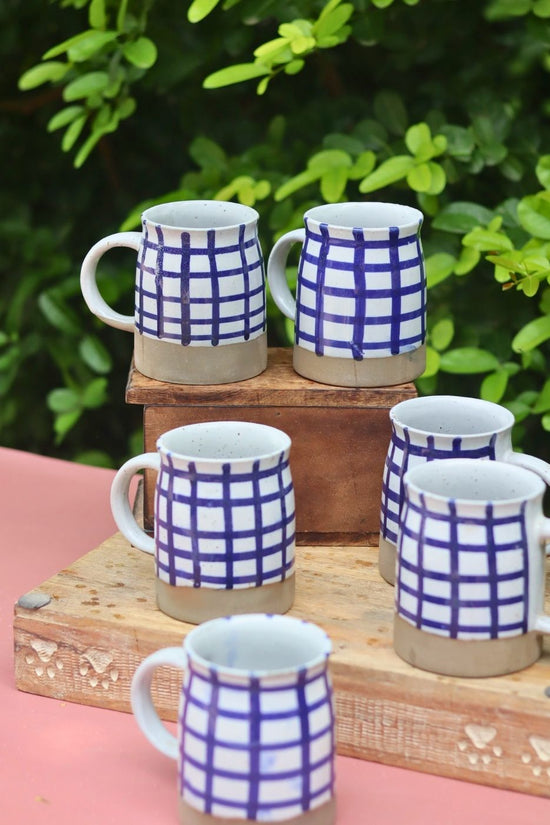 Set of 6 - Blue Checkered Mug handmade in India