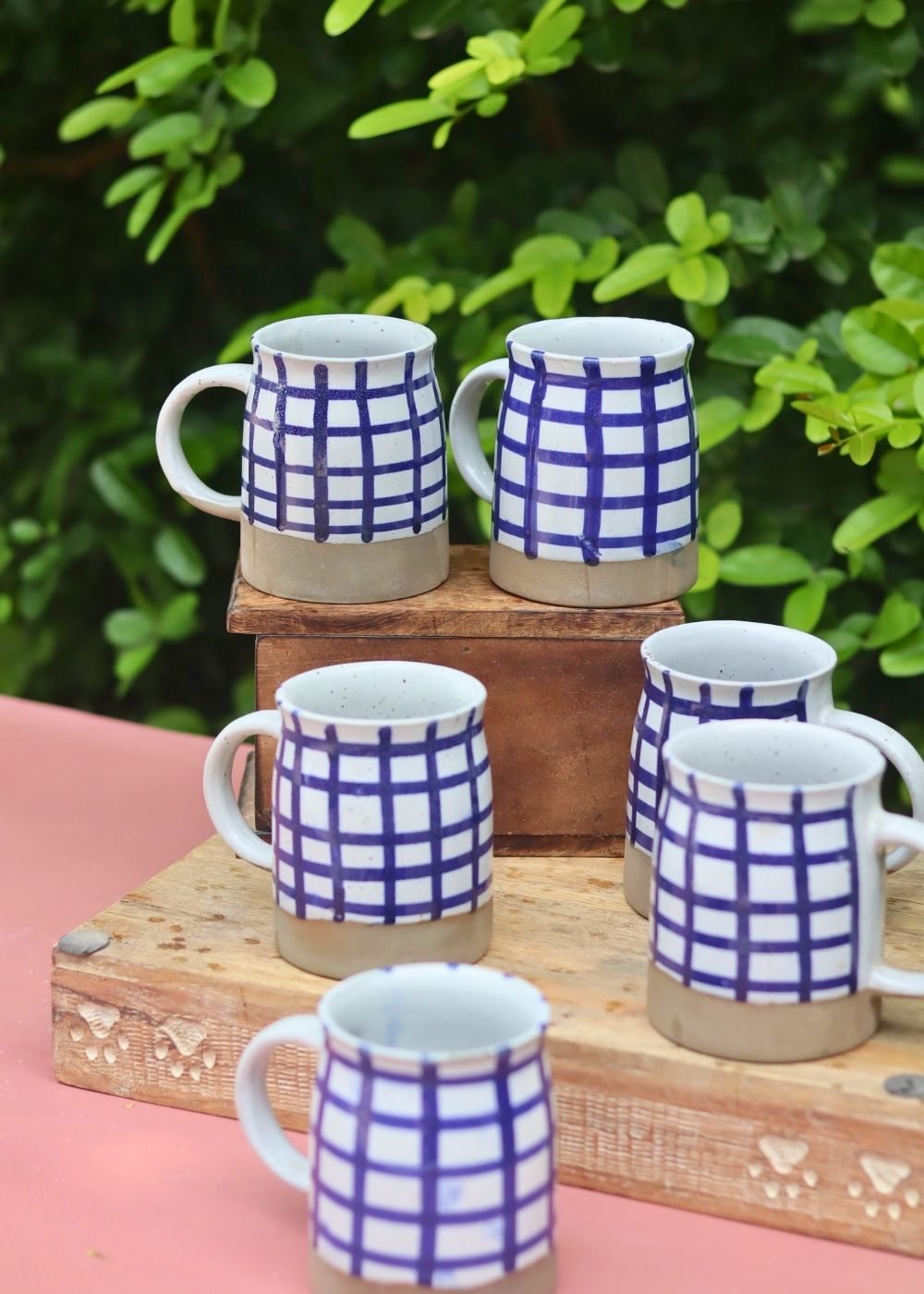 Set of 6 - Blue Checkered Mug handmade in India
