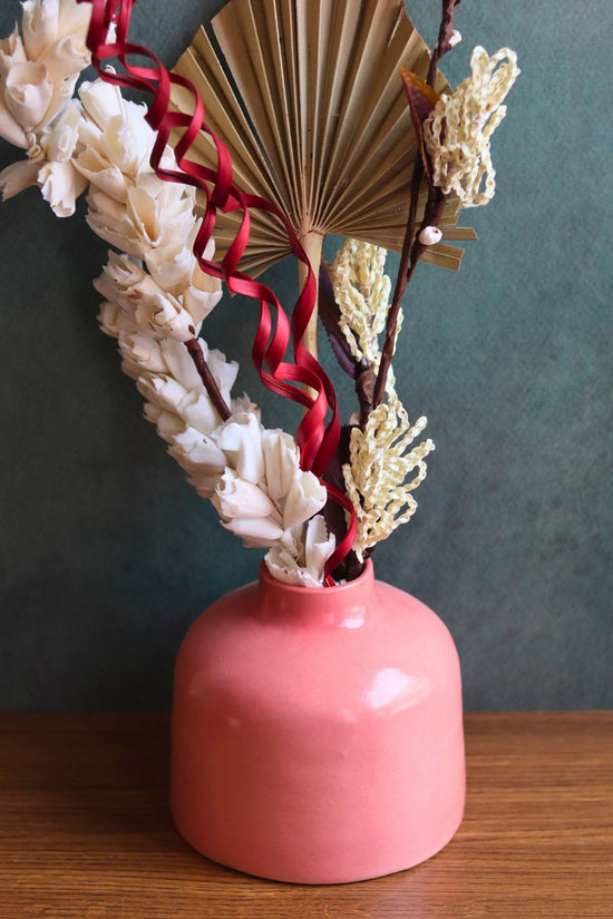 Pink round vase with Assorted bunch combo handmade in india