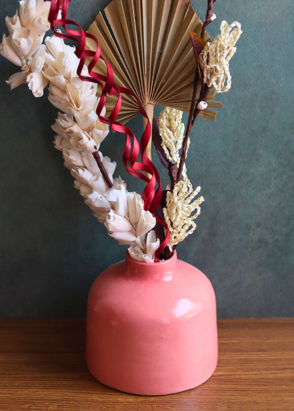 Pink round vase with Assorted bunch combo handmade in india