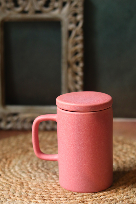 Handmade Ceramic Rosy Pink Mug With Lid
