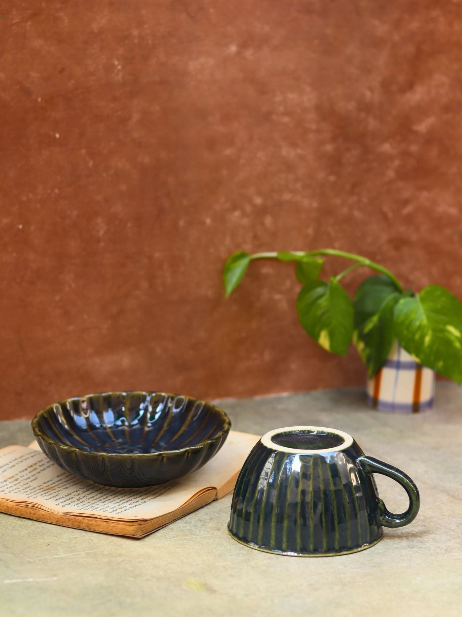 Set of 2 - Cozy Soup Cup & Blue Blossom Bowl combo handmade in india
