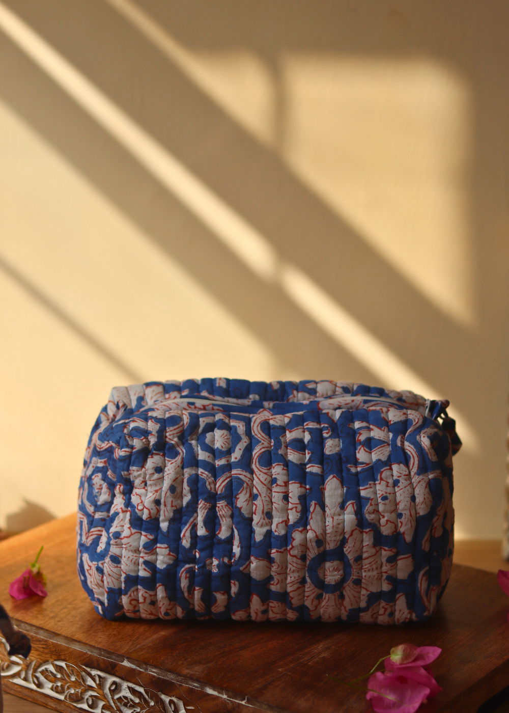 Block Printed Dark Blue Floral Toiletry Bag -  Small
