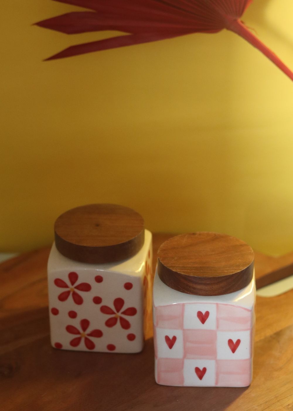 Set of 2 - Red Chequered Heart & Floral Jars handmade in india