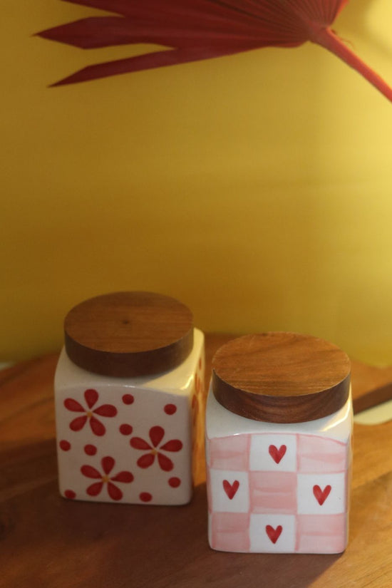 Set of 2 - Red Chequered Heart & Floral Jars handmade in india