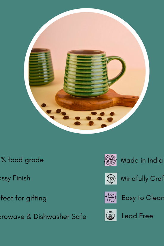 metallic green striped mug with details 
