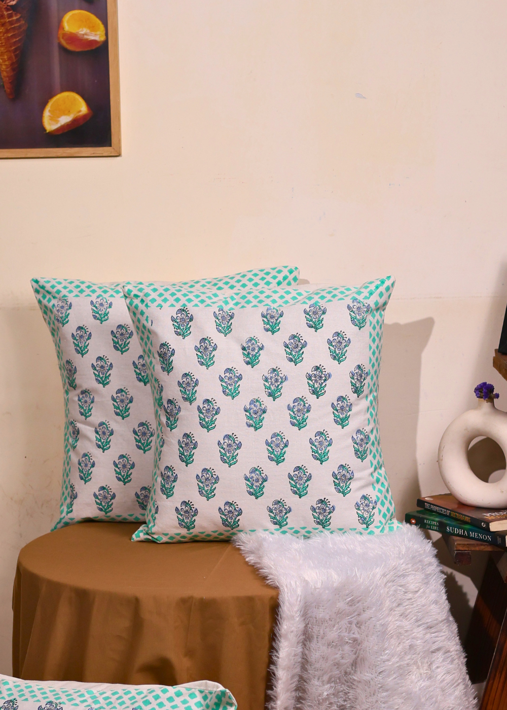 Teal floral motif cushion cover