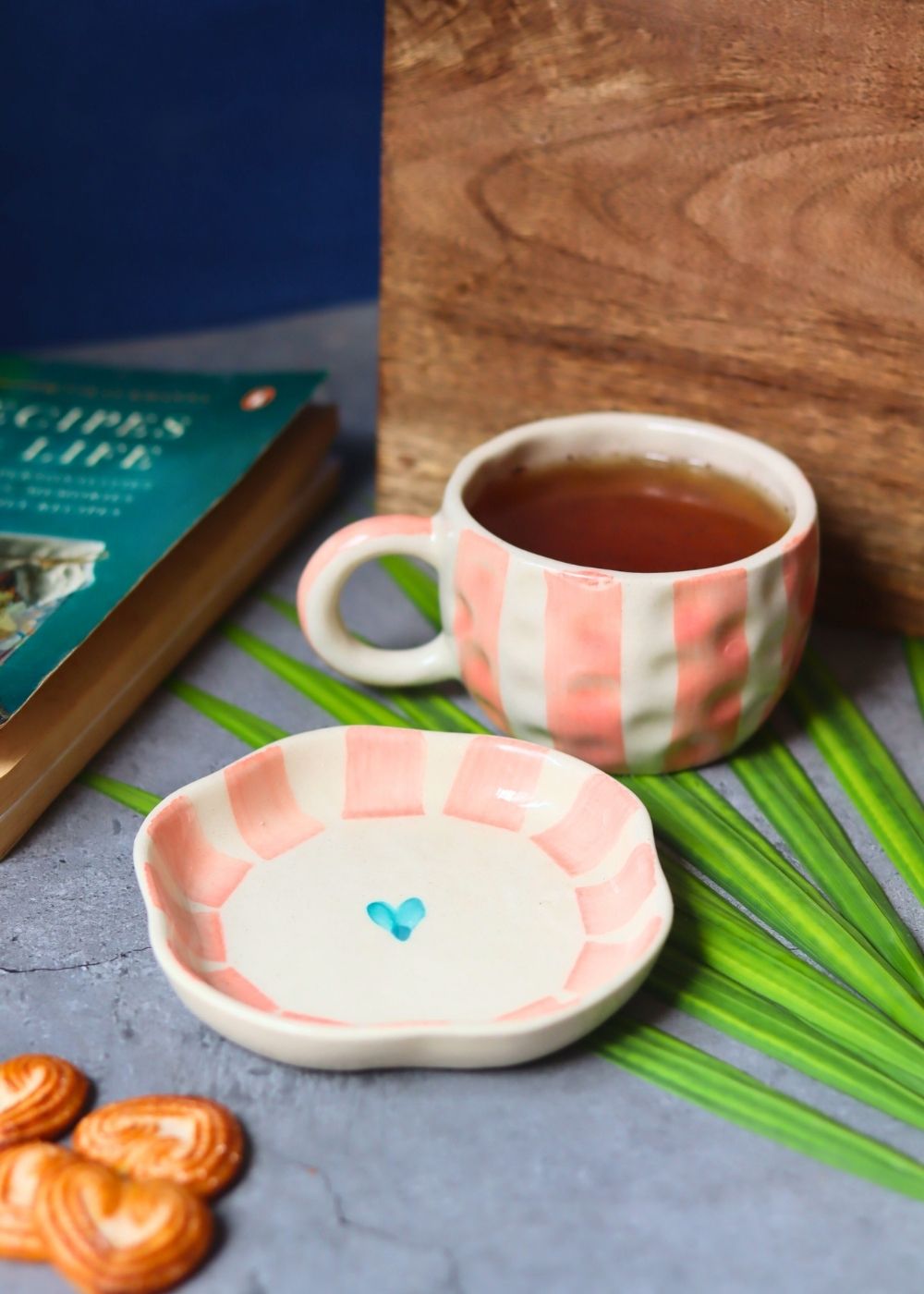Striped  Heart Mug & Handmade Dessert Plate handmade in india