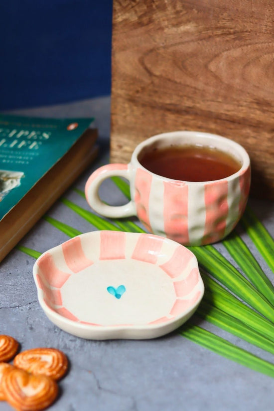 Striped  Heart Mug & Handmade Dessert Plate handmade in india