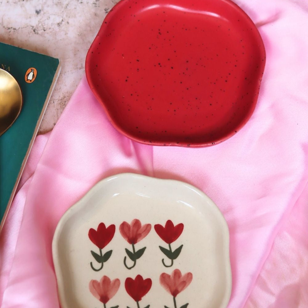 Red & Pastel Tulip Handmade Dessert Plate made by ceramic