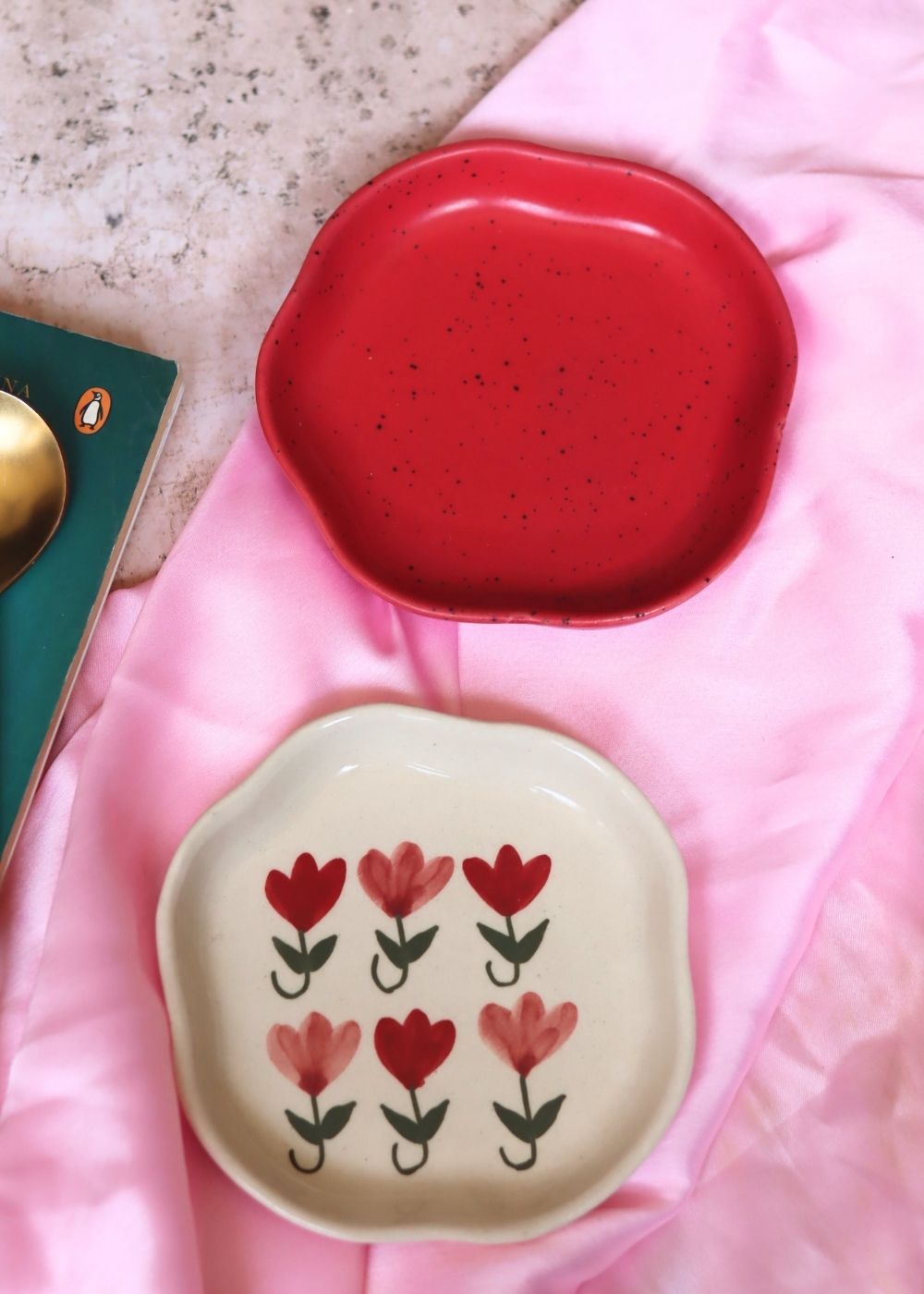 Red & Pastel Tulip Handmade Dessert Plate made by ceramic