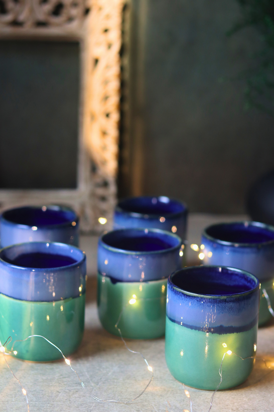Handmade ceramic blue & green kulhads 