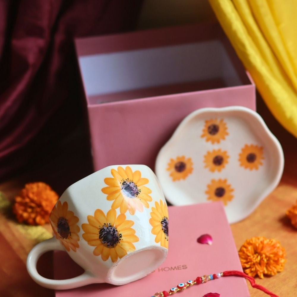 Surajmukhi Mug & Dessert Plate Rakhi Gift Box made by ceramic