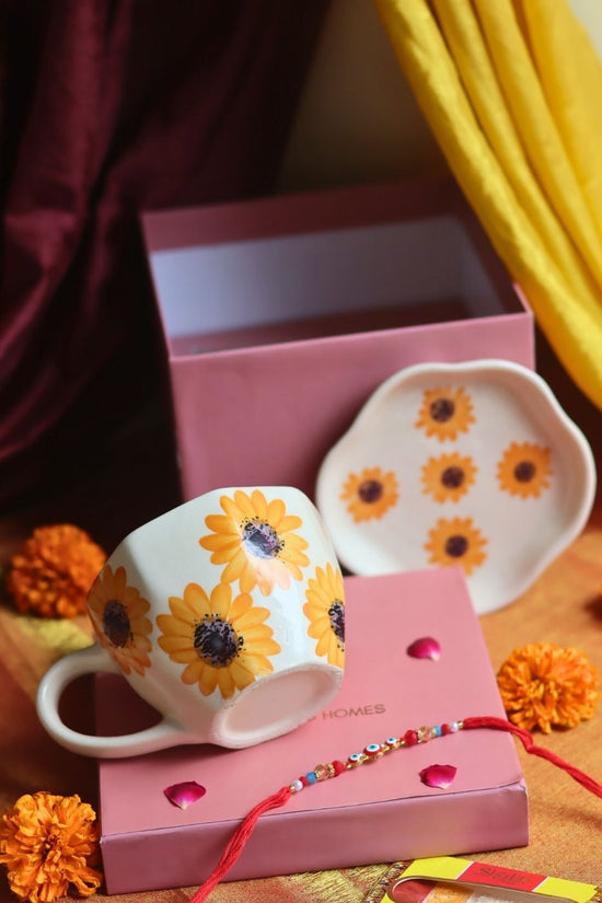 Surajmukhi Mug & Dessert Plate Rakhi Gift Box made by ceramic