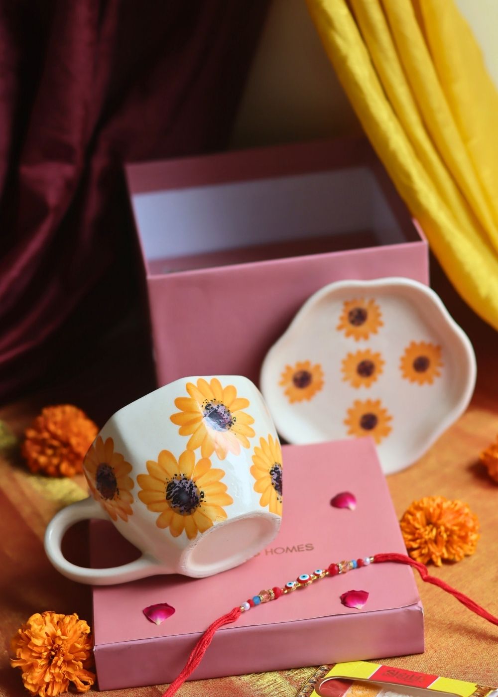 Surajmukhi Mug & Dessert Plate Rakhi Gift Box made by ceramic