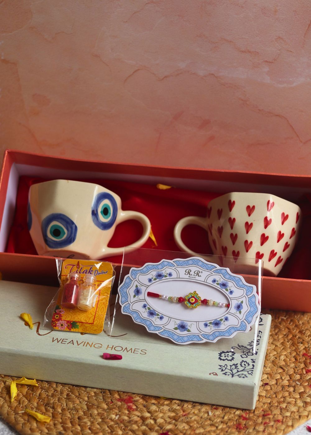 heart & Evil Eye mug set rakhi gift box mae by ceramic