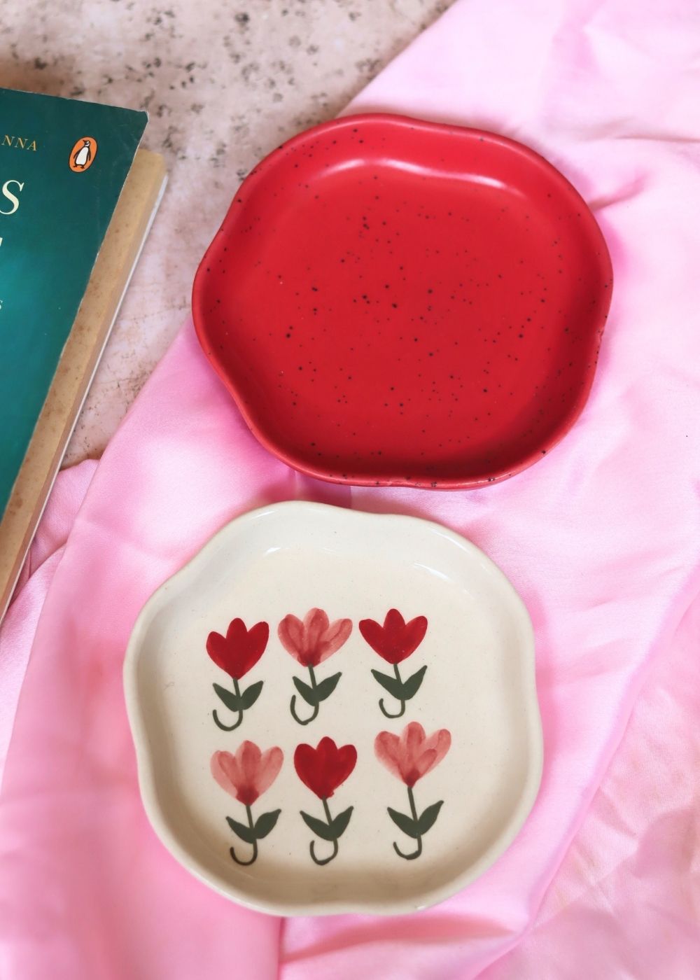 Red & Pastel Tulip Handmade Dessert Plate with premium quality material