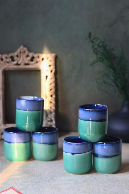 Set of 6 handmade kulhads blue & green