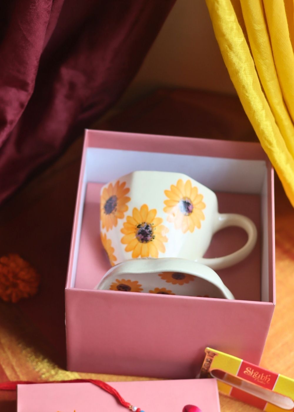 Surajmukhi Mug & Dessert Plate Rakhi Gift Box with premium quality material