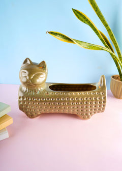 handmade grey cat planter 