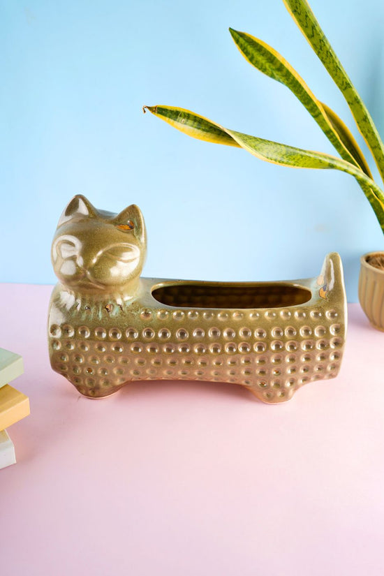 handmade grey cat planter 