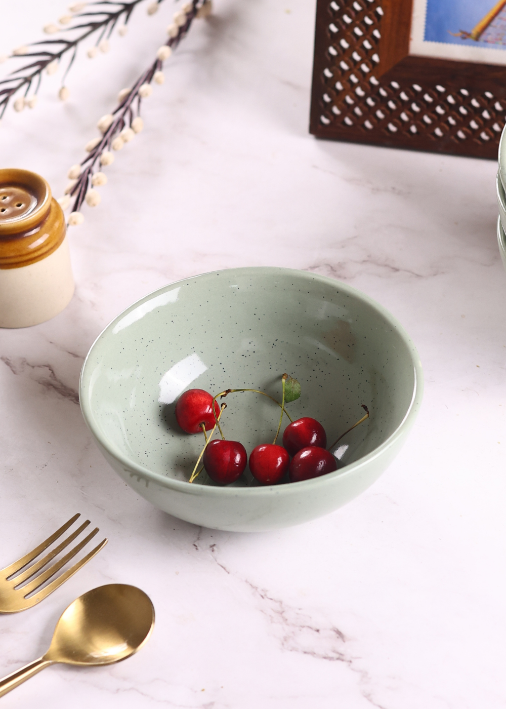 Sage Green Bowl With Cherries 