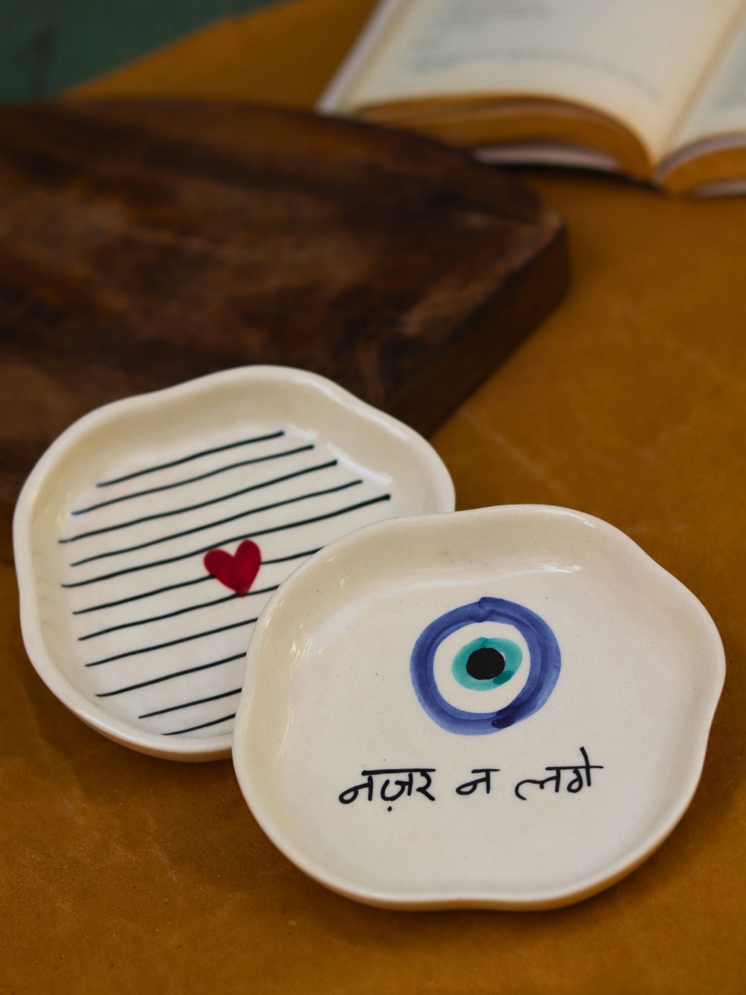 Striped Heart & Nazar Handmade Dessert Plate handmade in India