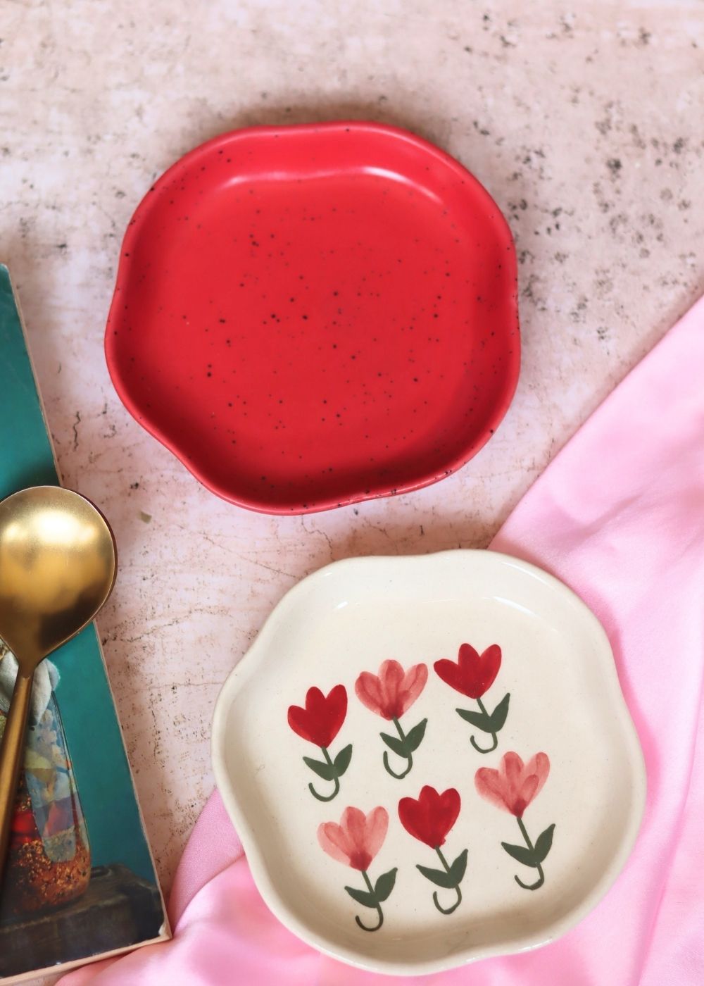 Red & Pastel Tulip Handmade Dessert Plate handmade in india
