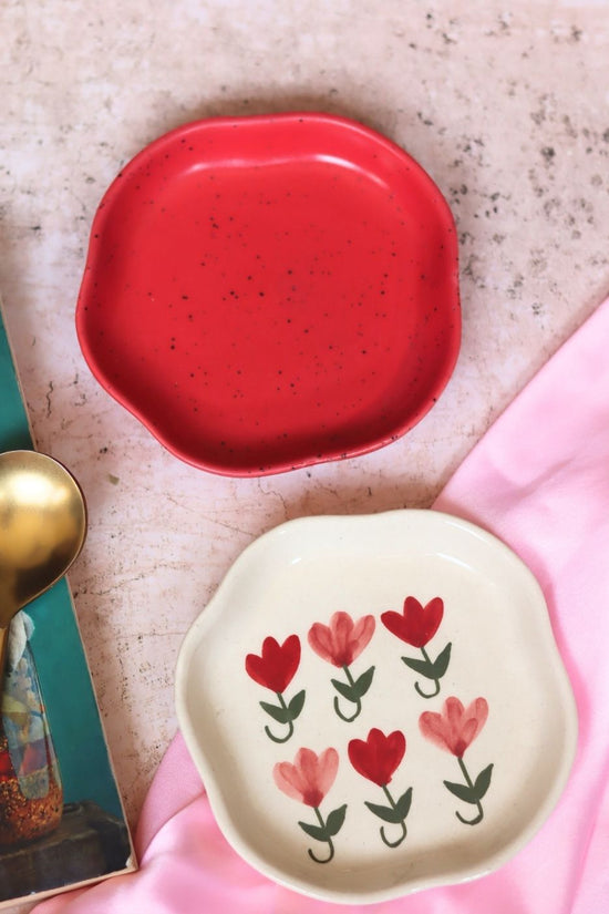 Red & Pastel Tulip Handmade Dessert Plate handmade in india