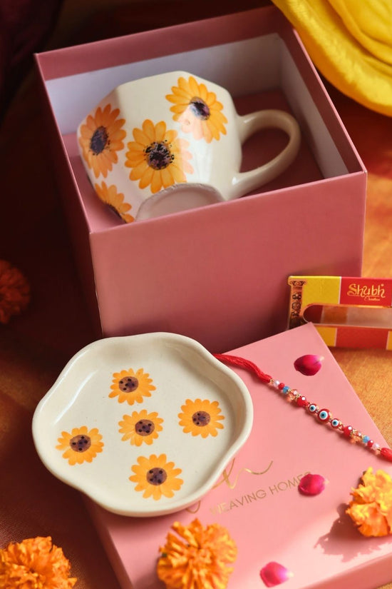 Surajmukhi Mug & Dessert Plate Rakhi Gift Box handmade in India